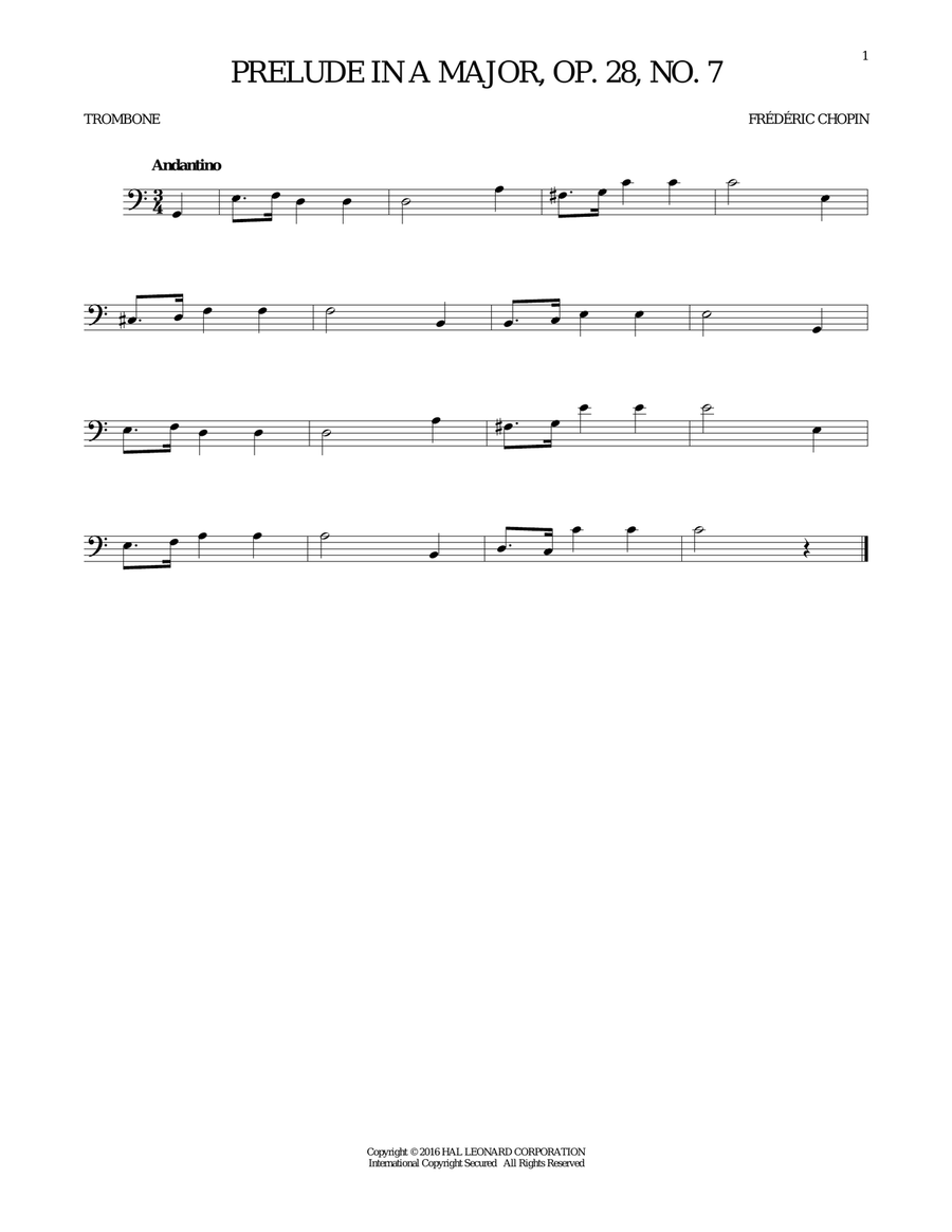 Prelude In A Major, Op. 28, No. 7 Trombone Solo scores gallery preview page 1