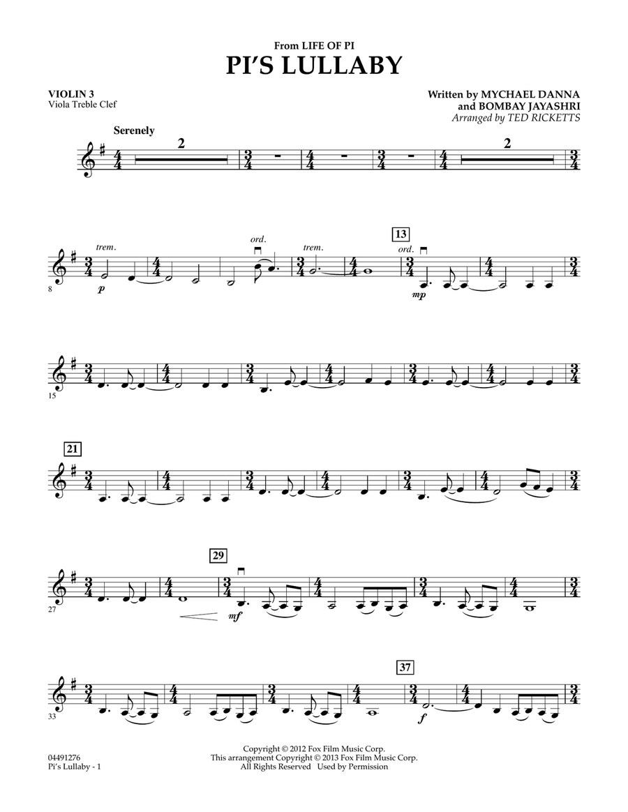 Pi's Lullaby (from Life of Pi) - Violin 3 (Viola Treble Clef) Orchestra scores gallery preview page 1