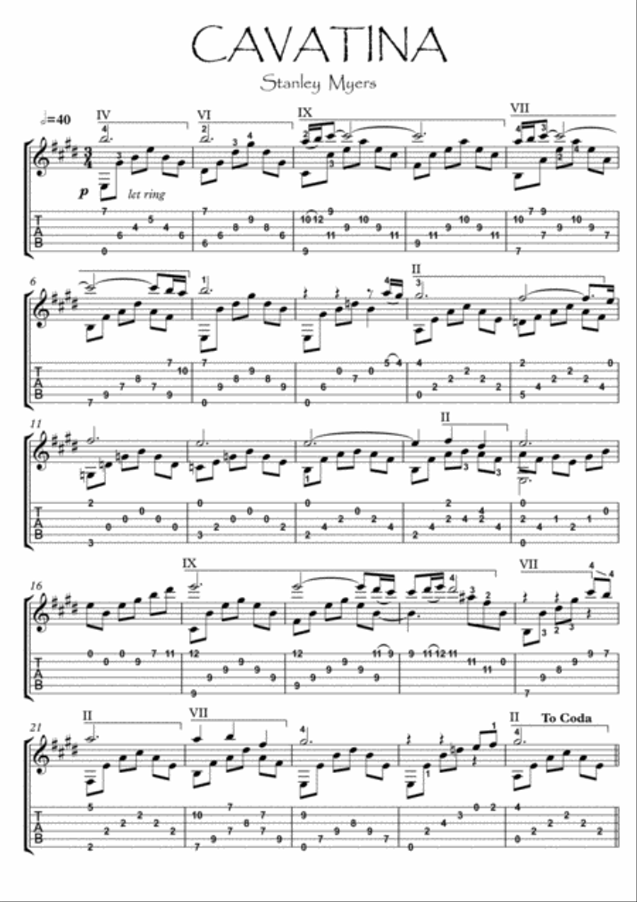 Cavatina by Stanley Myers Guitar Tablature - Digital Sheet Music