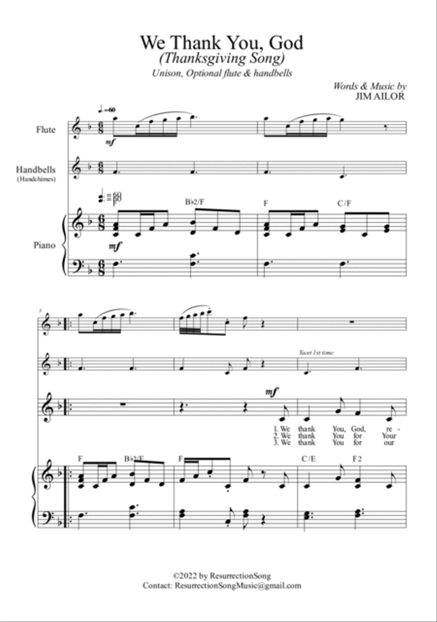 We Thank You, God SCORE (Unison, Optional Flute & Handbells) Unison Choir scores gallery preview page 3