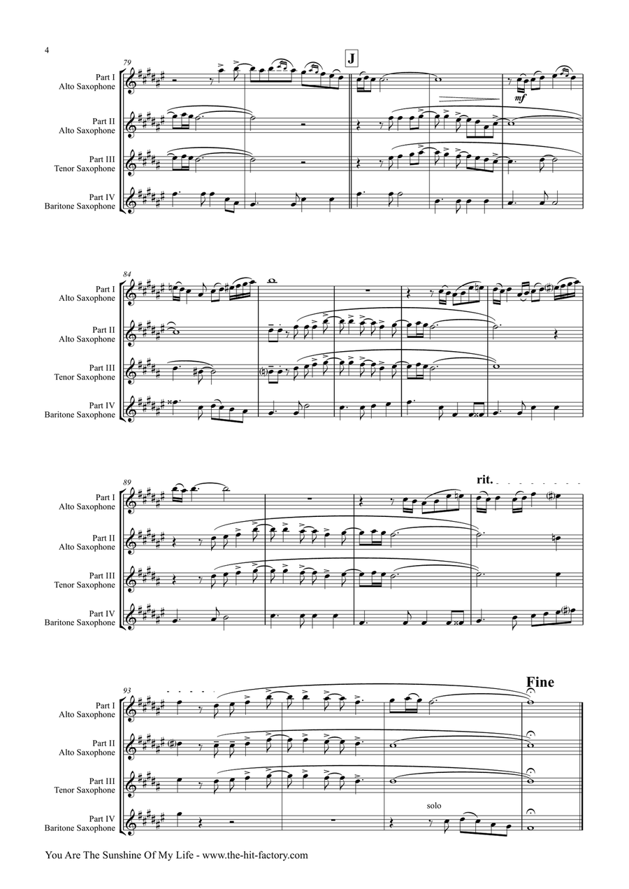 You Are The Sunshine Of My Life Saxophone Quartet scores gallery preview page 4