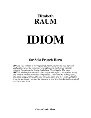 Book cover for IDIOM for solo French Horn