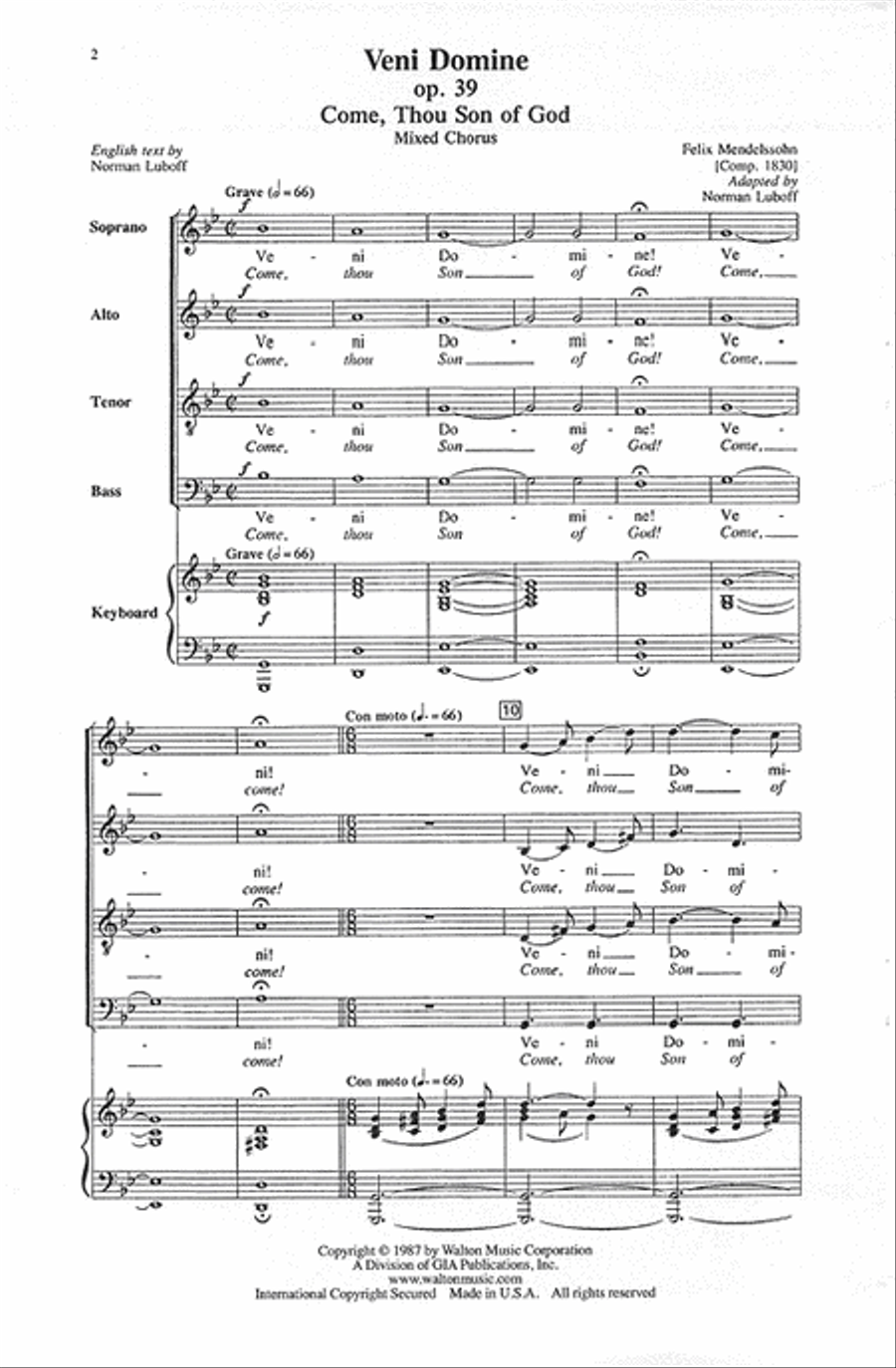 Veni Domine (op. 39) (Come, Thou Son of God) 4-Part scores gallery preview page 2