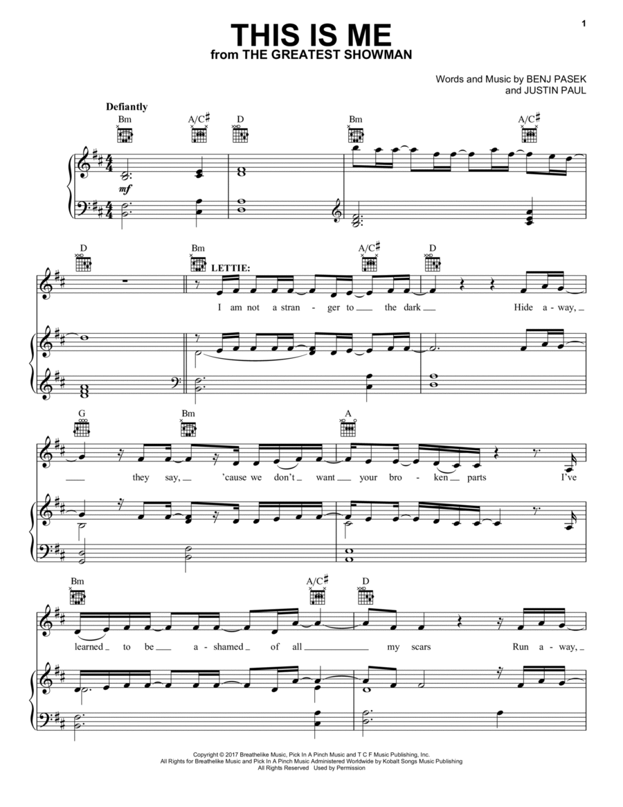 This Is Me (from The Greatest Showman) Piano, Vocal, Guitar scores gallery preview page 1