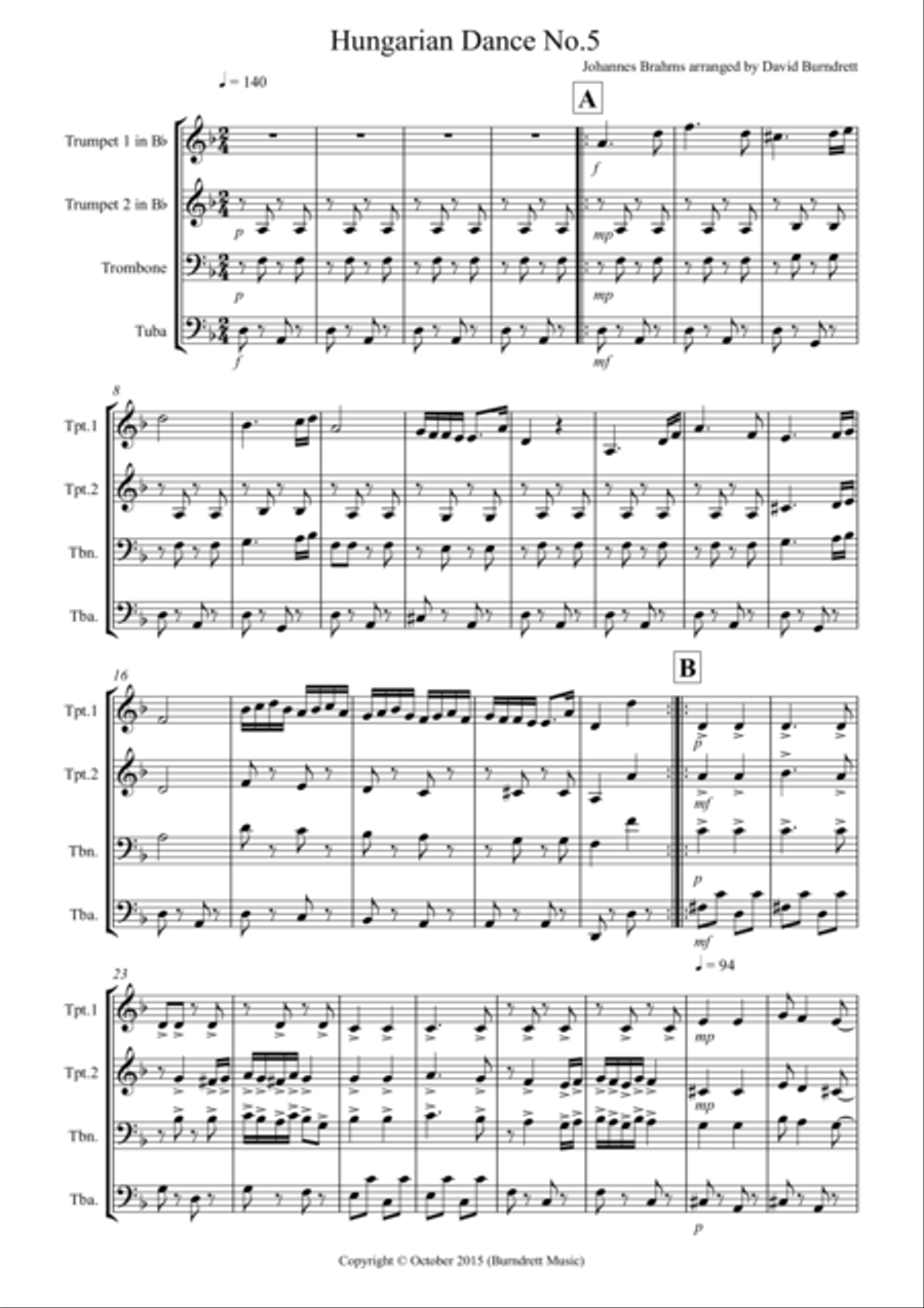 Hungarian Dance No.5 by Brahms for Brass Quartet Brass Quartet scores gallery preview page 1