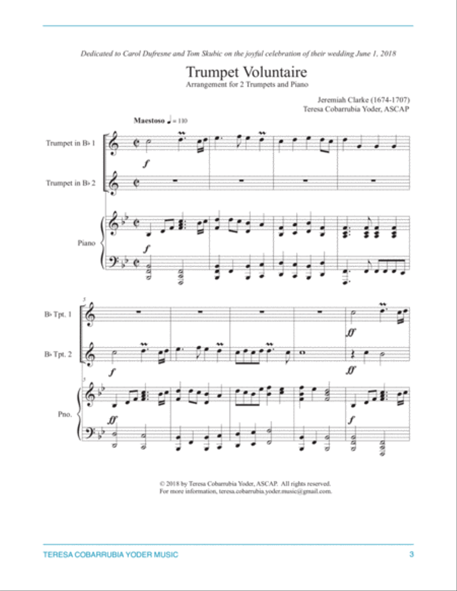 Trumpet Voluntaire - The Prince of Denmark's March for 2 trumpets and piano by Teresa Cobarrubia Yod Trumpet Duet scores gallery preview page 3