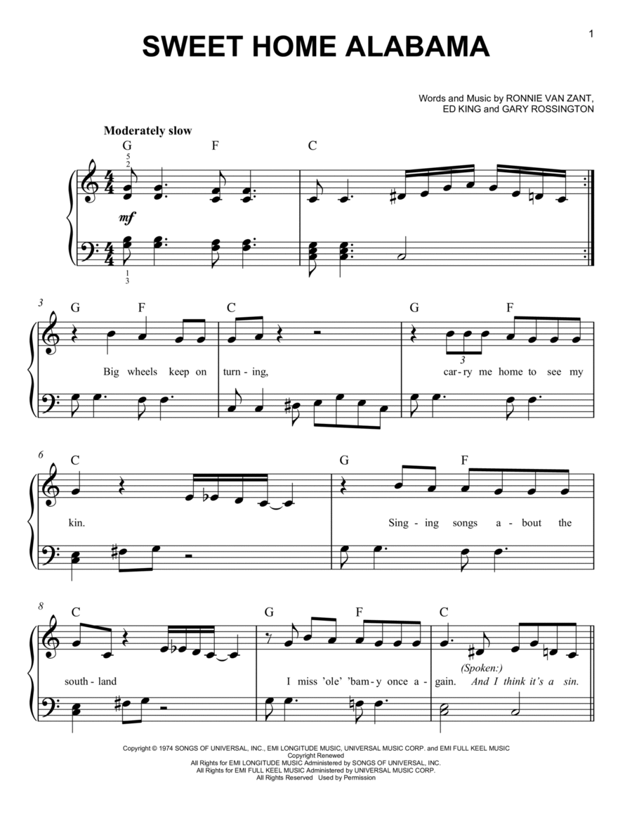 Sweet Home Alabama Easy Piano scores gallery preview page 1