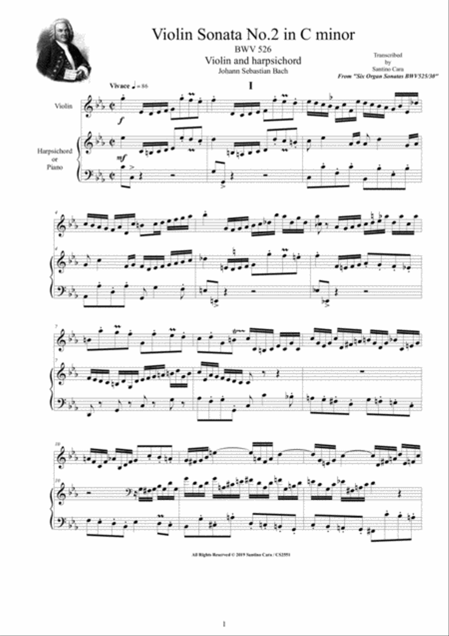 Bach - Violin Sonata No.2 in C minor BWV 526 for Violin and Harpsichord (or Piano) String Duet scores gallery preview page 1