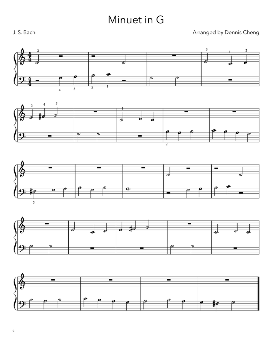 Minuet in G (J.S. Bach) - 4 Beginner Piano Versions (with letters and with finger numbers) Piano Method scores gallery preview page 2