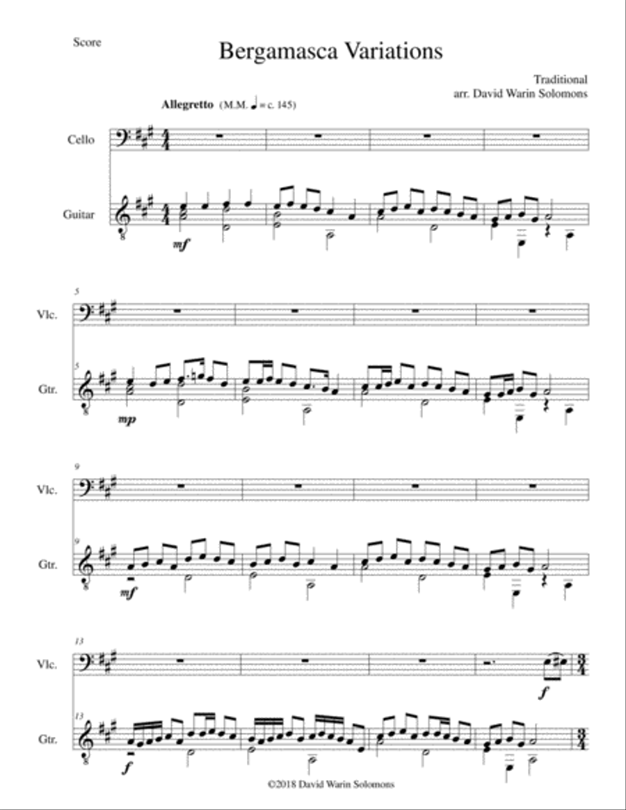 Bergamasca Variations for cello and guitar (2nd version) Bergamasca Variations for cello and guitar (2nd version) String Duet scores gallery preview page 1