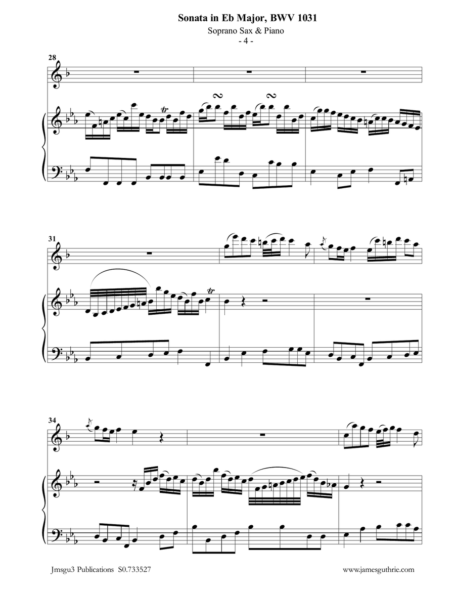 BACH: Sonata in Eb BWV 1031 for Soprano Sax & Piano Soprano Saxophone scores gallery preview page 4