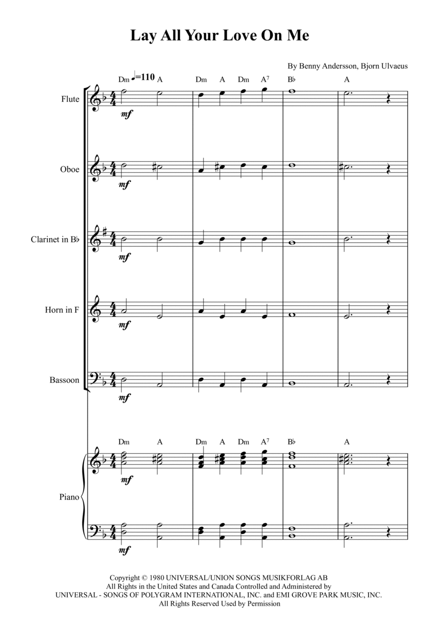 Lay All Your Love On Me Woodwind Quintet scores gallery preview page 1