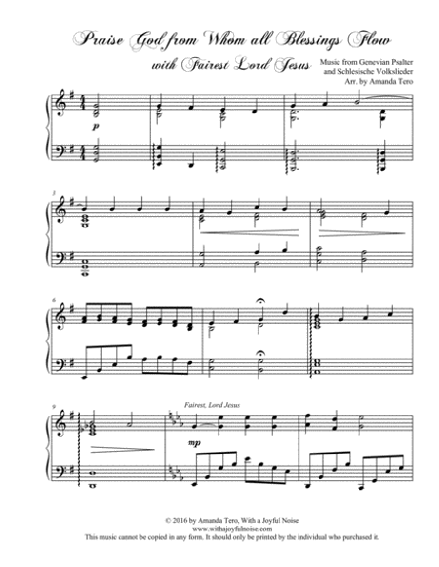 Praise God From Whom all Blessings Flow/Fairest Lord Jesus Piano Solo scores gallery preview page 3