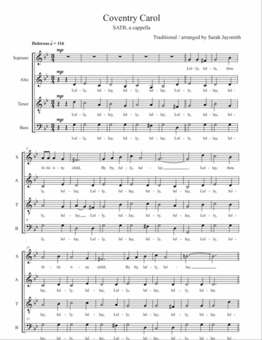 Coventry Carol (SATB, a cappella) arranged by Sarah Jaysmith (Traditional English carol) 4-Part scores gallery preview page 1