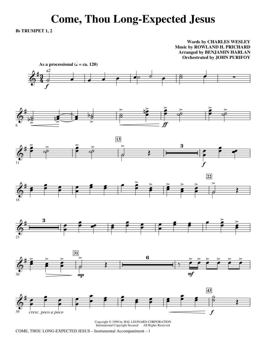 Come, Thou Long-Expected Jesus - Bb Trumpet 1,2