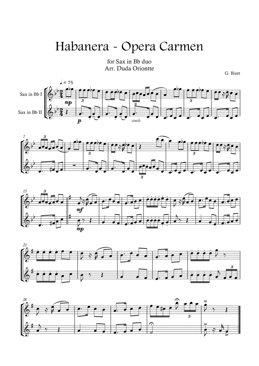 Carmen HABANERA - Bizet ( Saxophone soprano DUO) Student Woodwind Duet scores gallery preview page 1