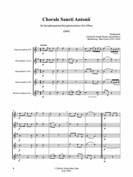 Chorale Sancti Antonii (für Saxophonquintett/Saxophonorchester) (früher Joseph Haydn zugeschrieben)