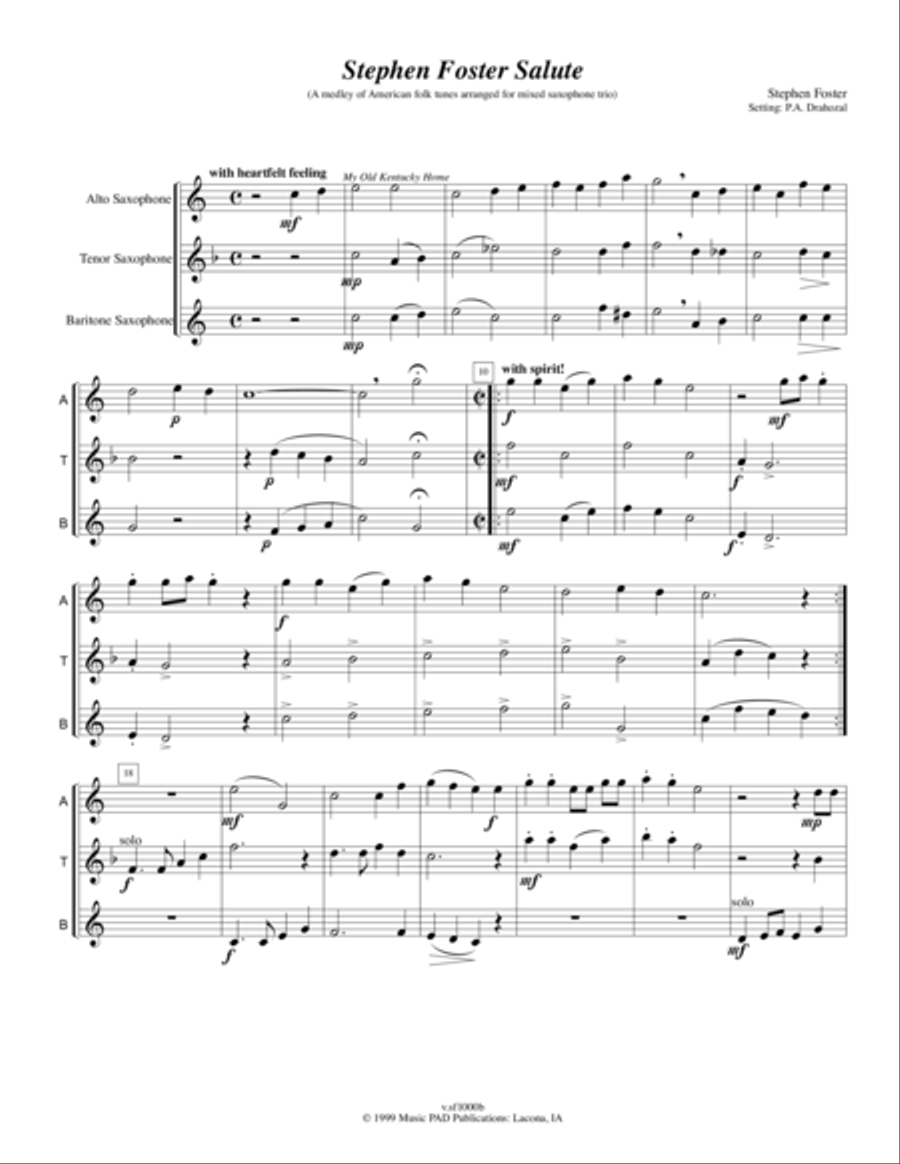 Stephen Foster Salute (Medley of Stephen Foster music set for mixed saxophone trio) Woodwind Trio scores gallery preview page 1