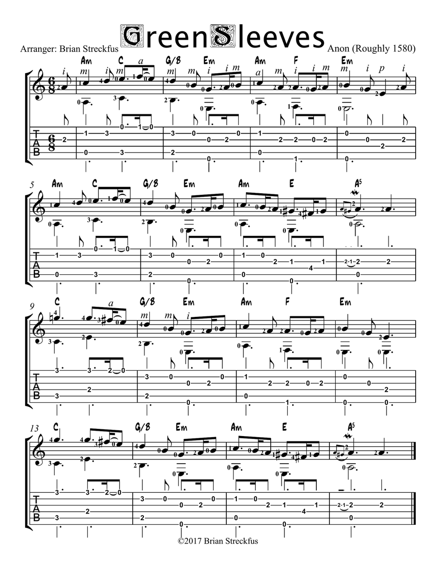 Greensleeves (Finger-style + Strumming version) Classical Guitar scores gallery preview page 1