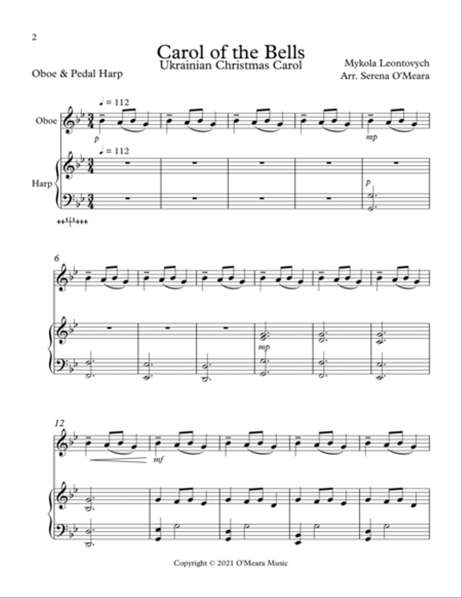 Carol of the Bells, Duet for Oboe and Pedal Harp Oboe scores gallery preview page 2