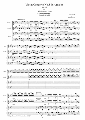 Book cover for Vivaldi - Violin Concerto No.5 in A major RV 519 Op.3 for Two Violins and Piano