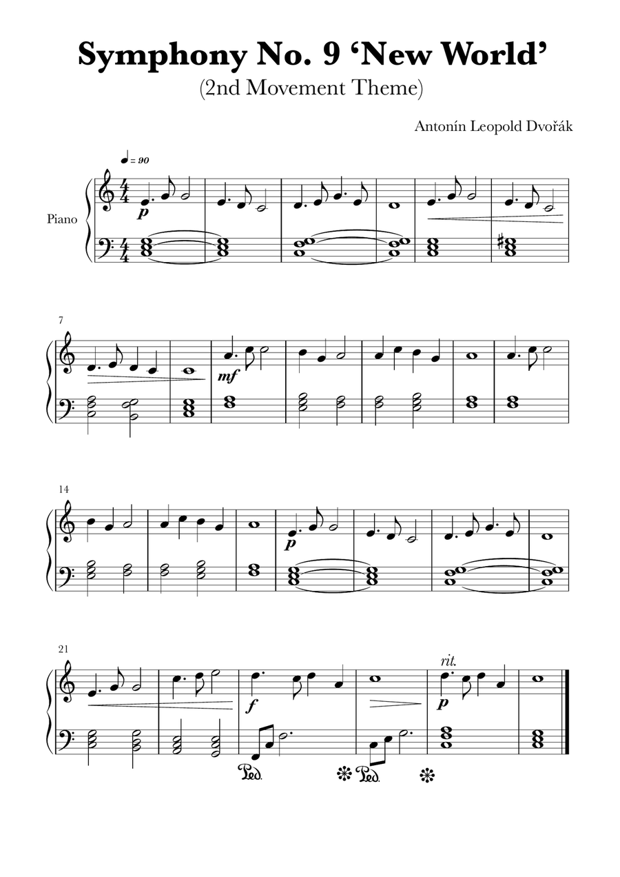 Symphony No. 9 ‘New World’ (2nd Movement) – Dvořák | Piano Arrangement Easy Piano scores gallery preview page 1