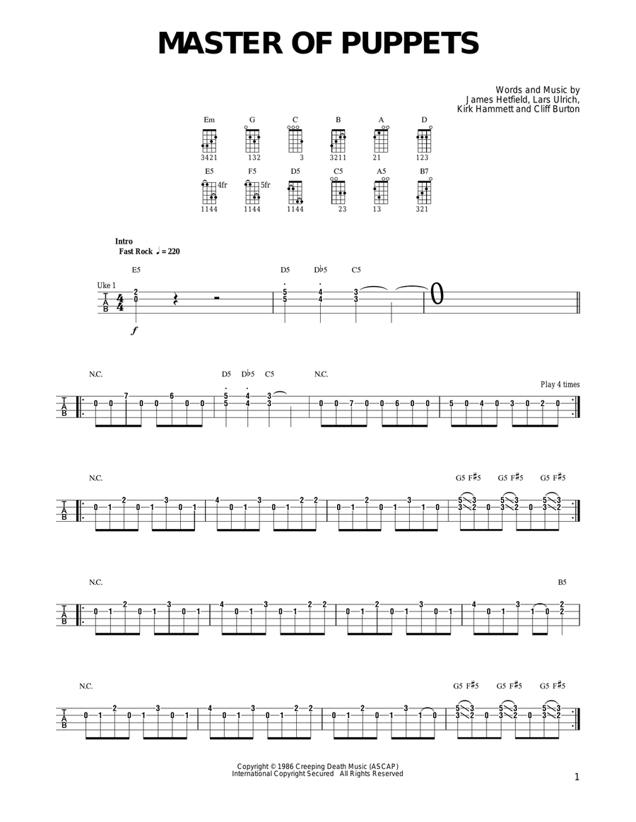 Master Of Puppets Ukulele scores gallery preview page 1