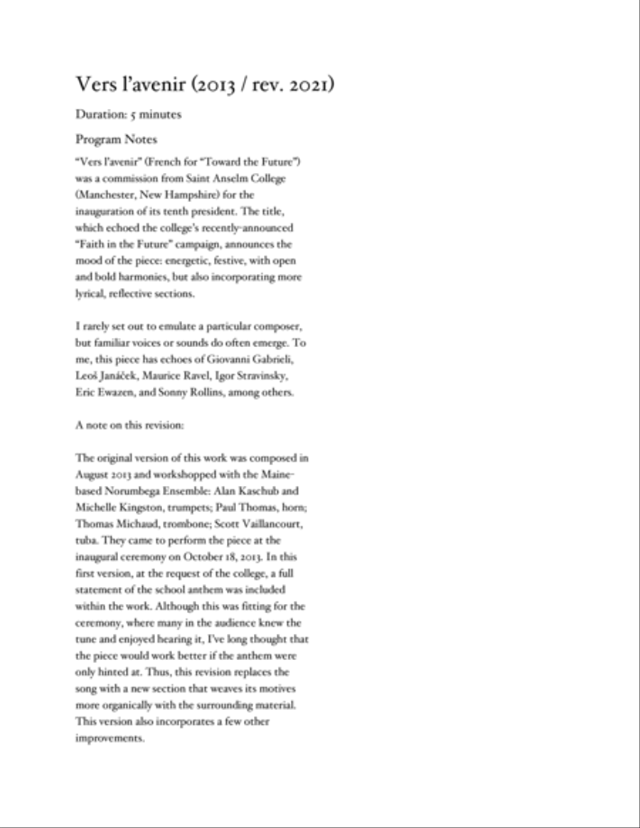 Vers l'avenir - Brass Quintet (2 trumpets in B flat, French Horn, Trombone, Tuba) Brass Quintet scores gallery preview page 2