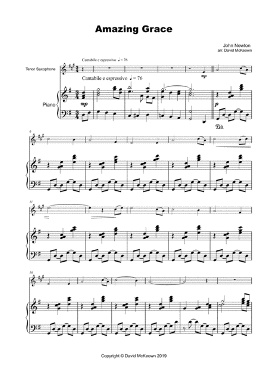 Amazing Grace, Concert Solo for Tenor Saxophone and Piano Tenor Saxophone scores gallery preview page 1