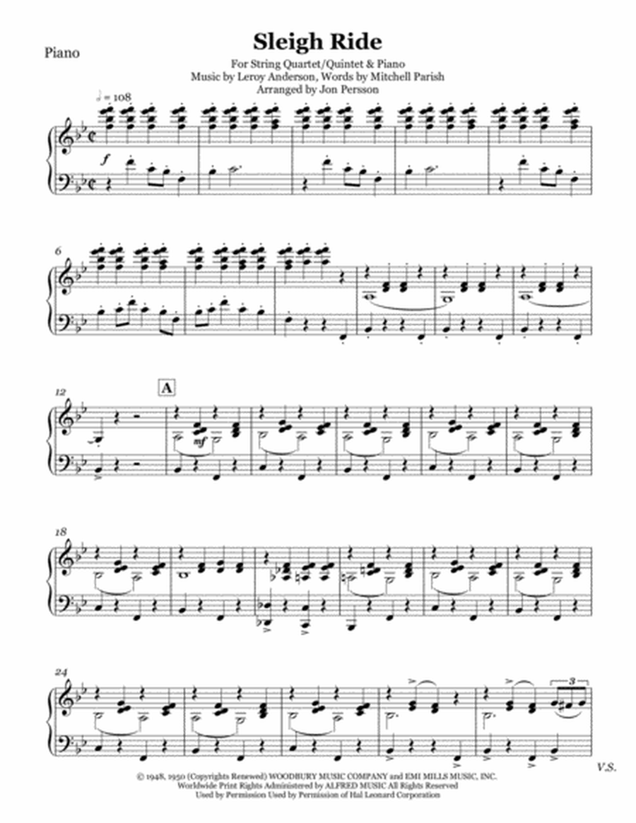 Sleigh Ride - String Quartet/Quintet & Piano - Parts image number null
