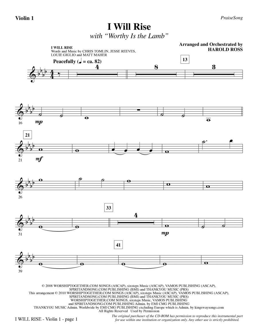 I Will Rise (with Worthy Is The Lamb) - Violin 1 Choir scores gallery preview page 1