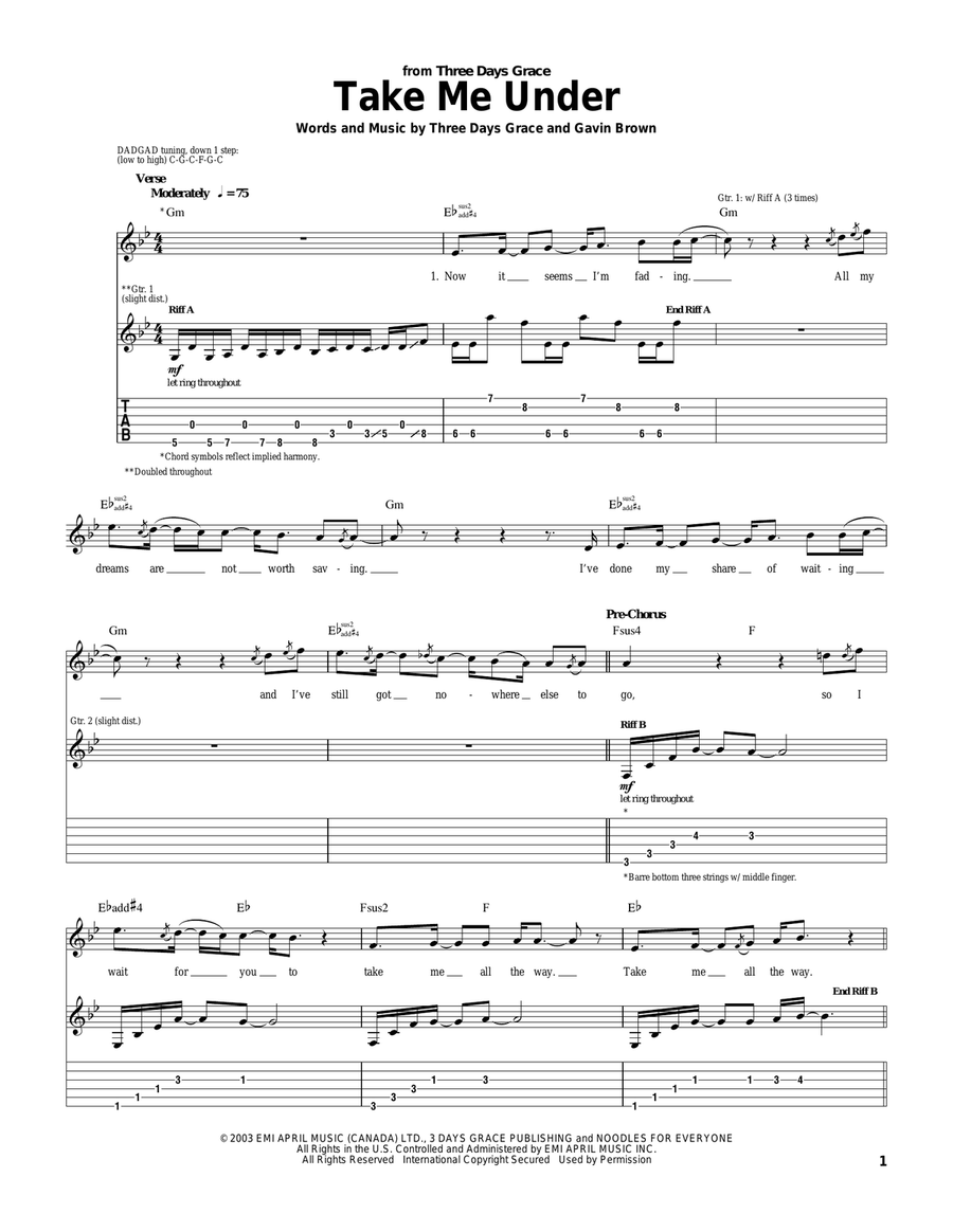 Take Me Under Take Me Under Guitar Tablature scores gallery preview page 1