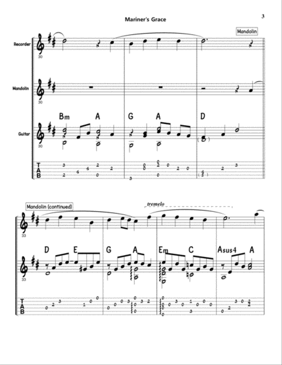 Mariner's Grace - Trio for Guitar, Recorder, and Mandolin (or flute) - SCORE with PARTS Small Ensemble scores gallery preview page 4