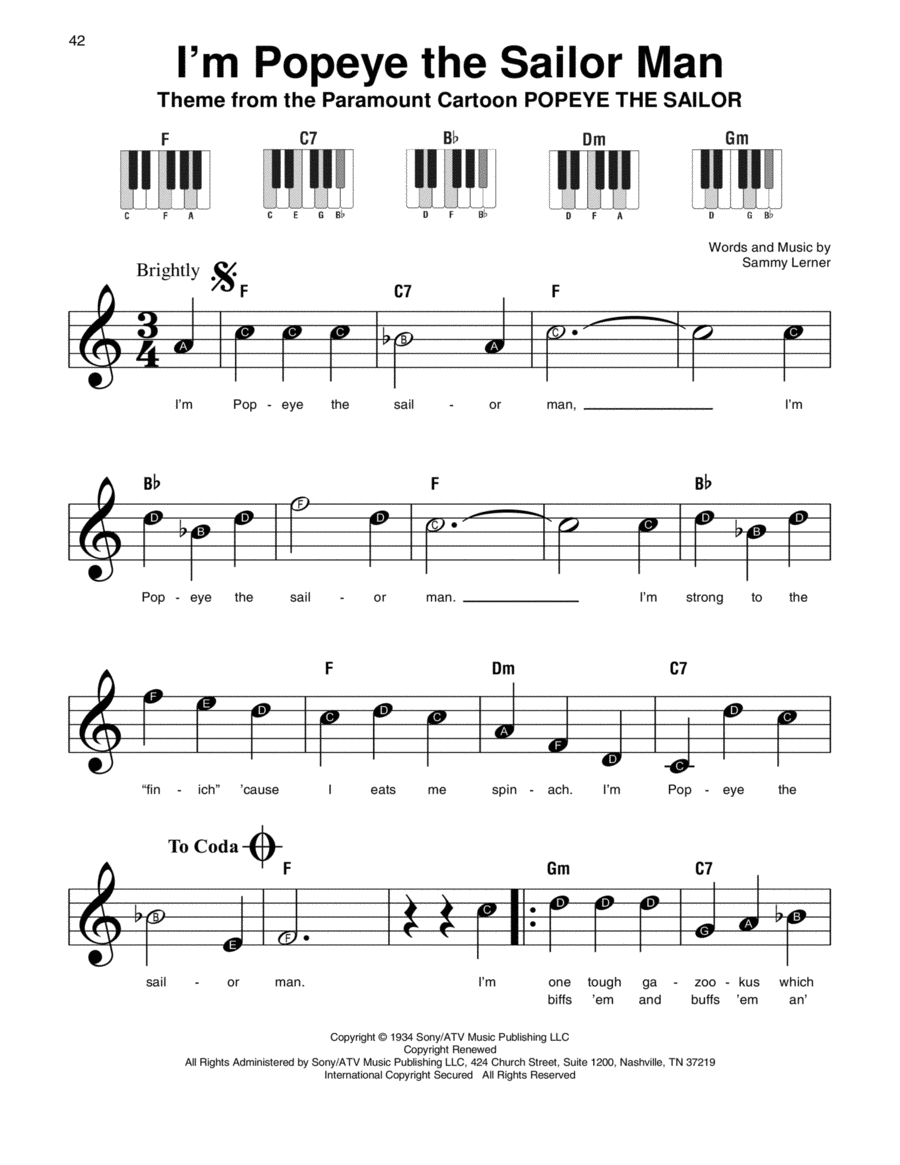 I'm Popeye The Sailor Man Easy Piano scores gallery preview page 1