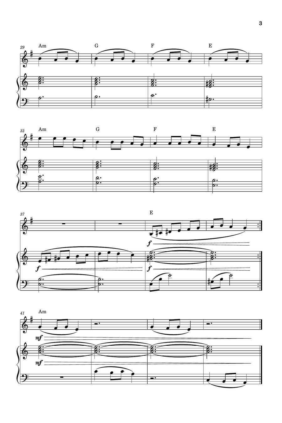 Carol of the Bells for French Horn and Piano (Very Easy - Beginner) in A minor - With Chords Piano scores gallery preview page 3