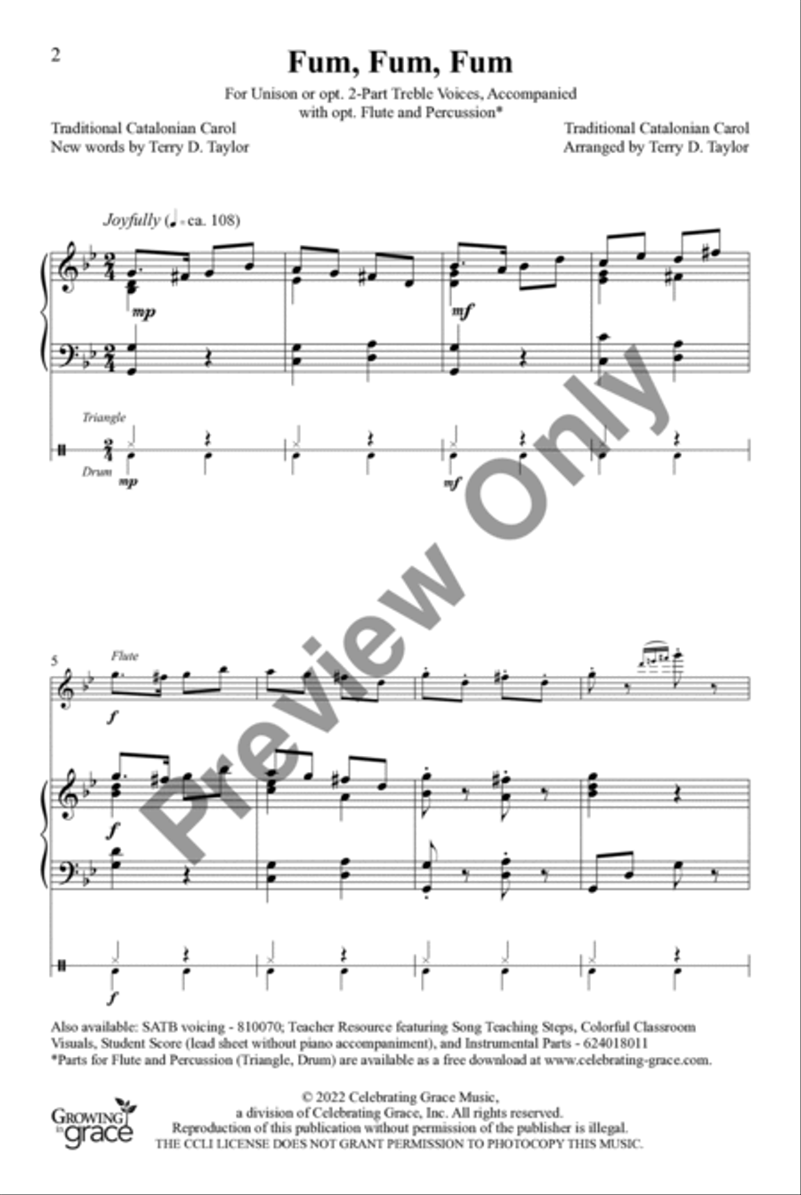Fum, Fum, Fum Unison/opt. 2-Part Unison Choir scores gallery preview page 2