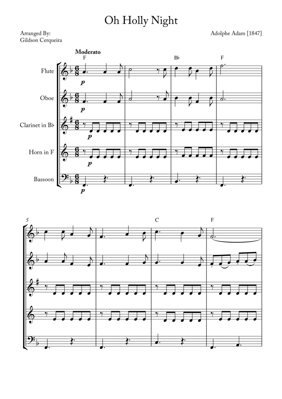 Oh Holy night Woodwind Quintet scores gallery preview page 1