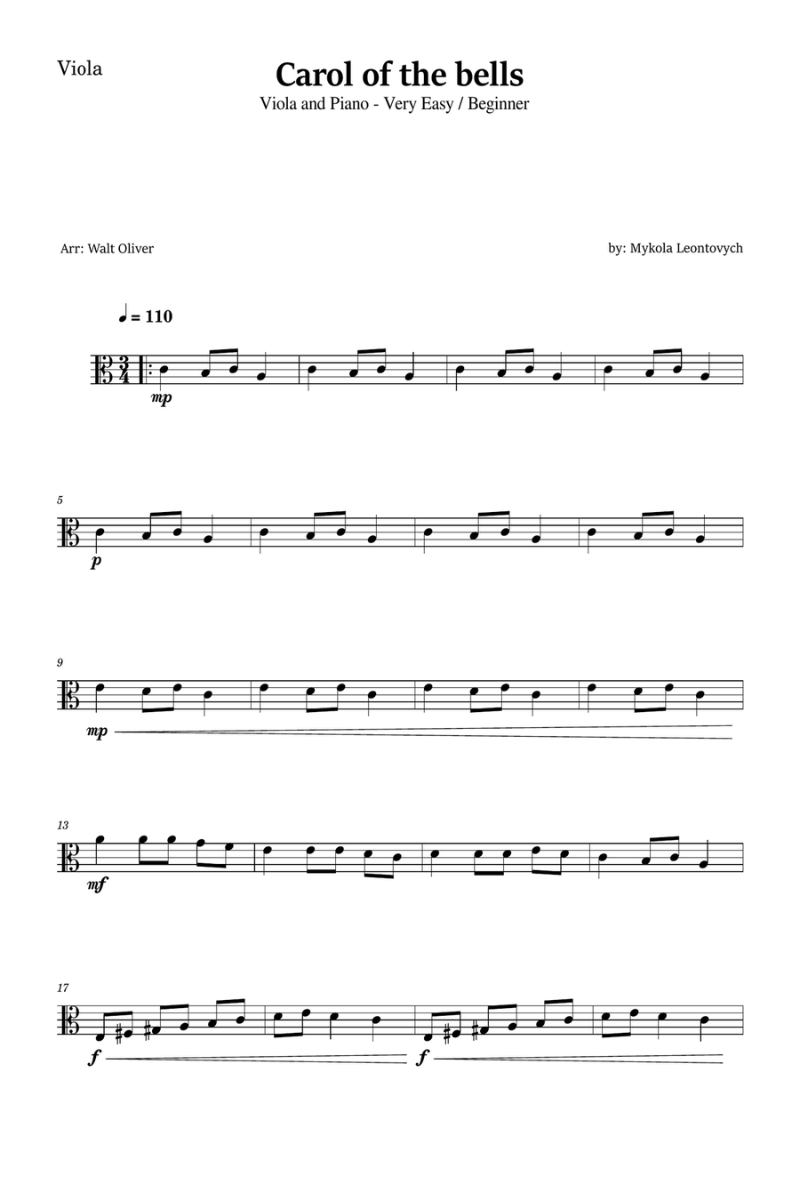 Carol of the Bells for Viola and Piano (Very Easy - Beginner) in A minor - With Chords Piano scores gallery preview page 4