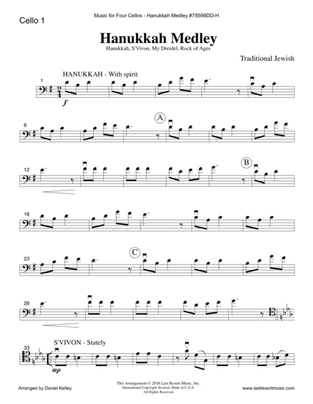 Hanukkah Medley for Cello Quartet (Includes Hanukkah, S’Vivon, My Dreidel & Rock of Ages) - Music fo