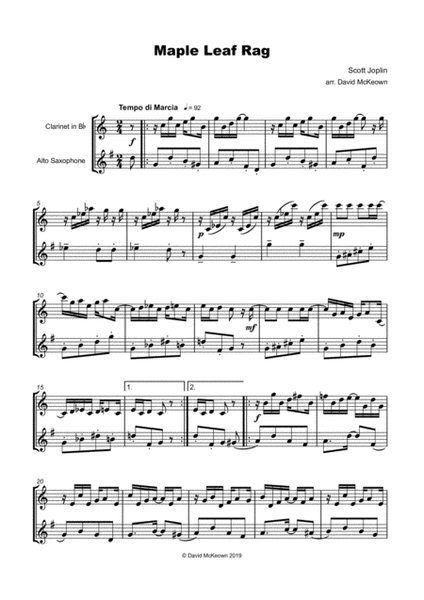 Maple Leaf Rag, by Scott Joplin, Clarinet and Alto Saxophone Duet