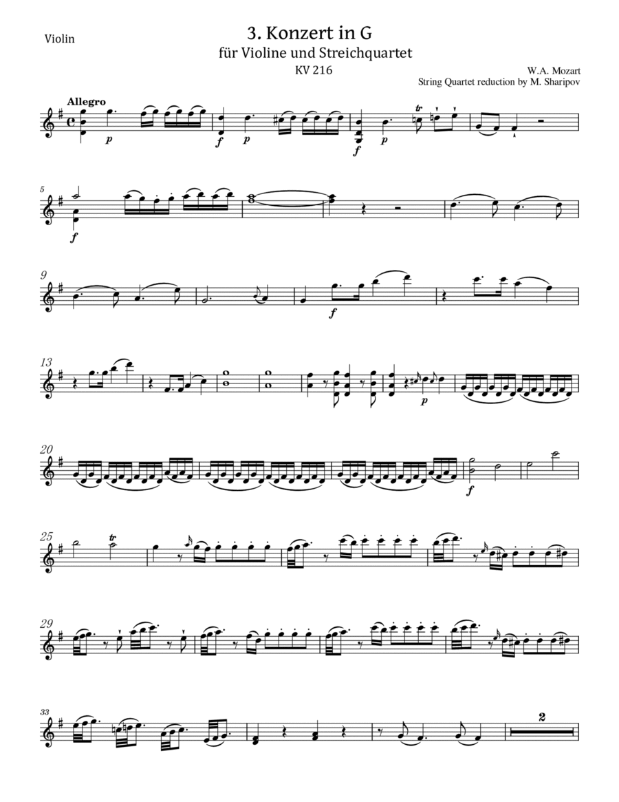 Mozart - Violin Concerto No.3 in G major, K.216 - Original For Violin Solo Complete Violin Solo scores gallery preview page 1