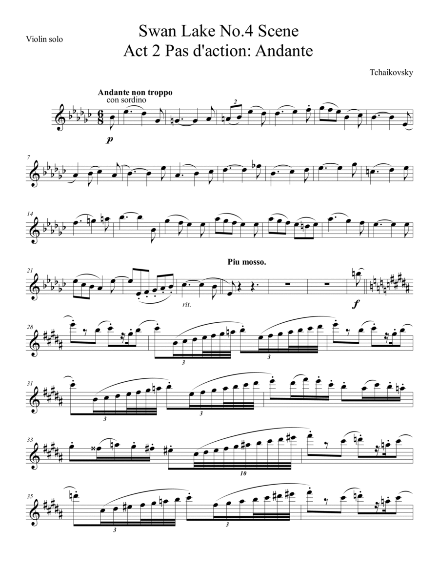 Swan Lake violin solo from Act 2 scene 4 introduction Violin Solo scores gallery preview page 1