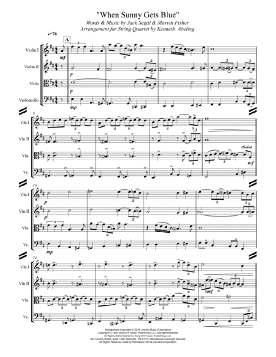When Sunny Gets Blue String Quartet scores gallery preview page 2