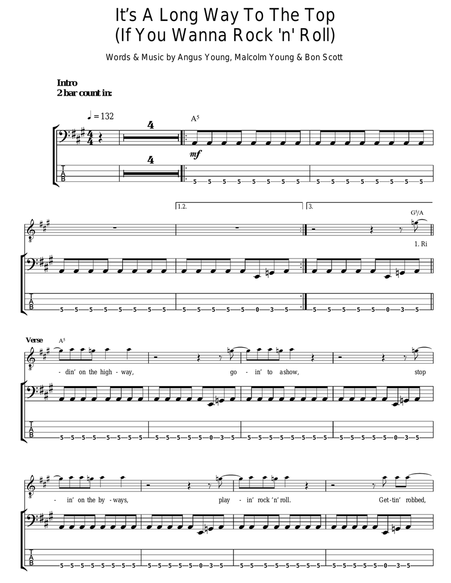 It's A Long Way To The Top (If You Wanna Rock 'N' Roll) Bass Guitar Tablature scores gallery preview page 1