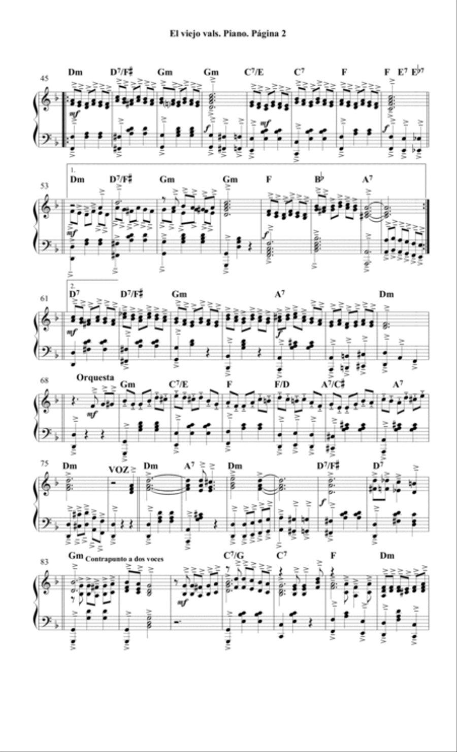 El viejo vals. Por: José González Castillo y Carlos José Pérez de la Riestra (Charlo) Piano Method scores gallery preview page 2