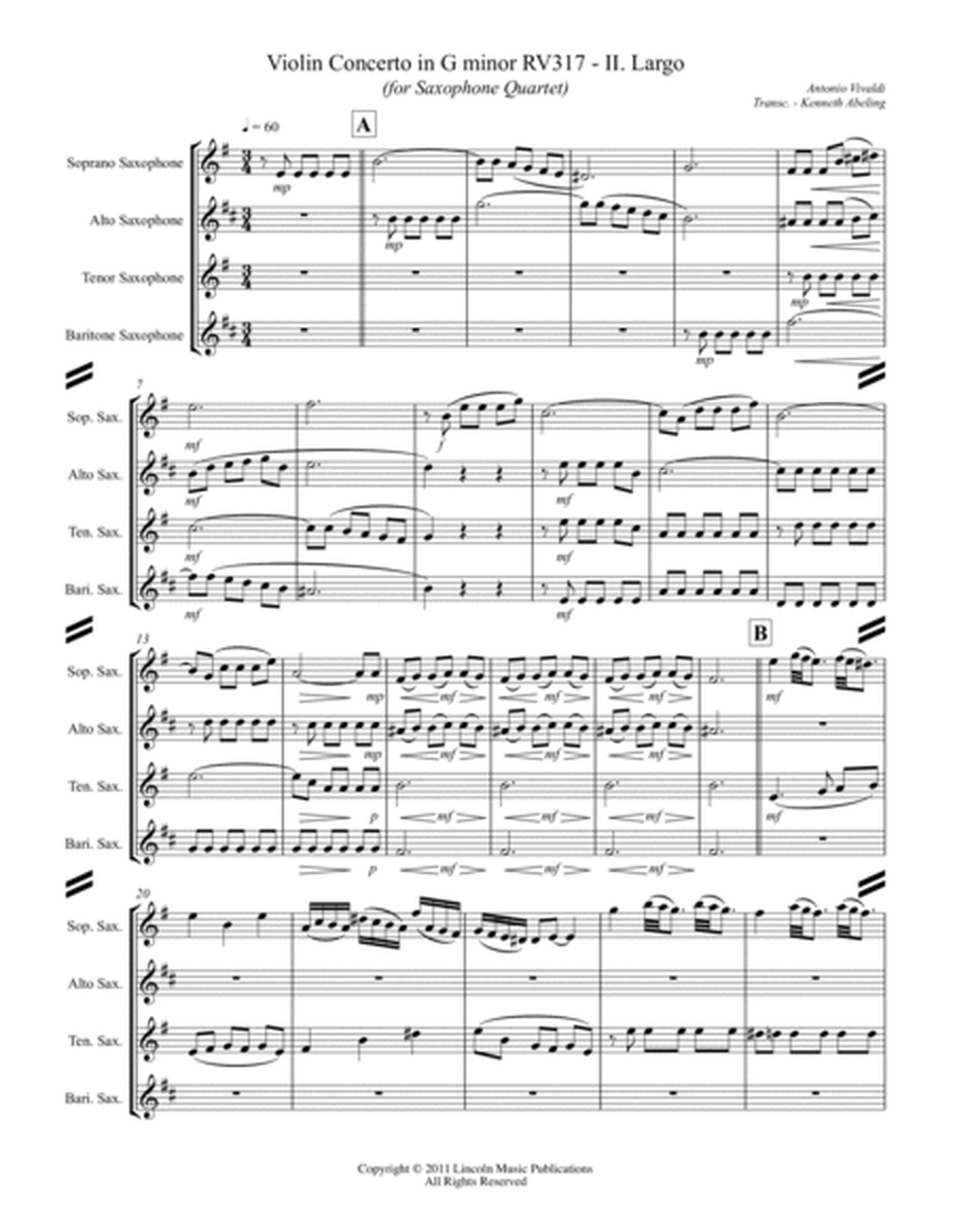 Vivaldi - Violin Concerto in G minor RV 317 - II. Largo (for Saxophone Quartet SATB) image number null