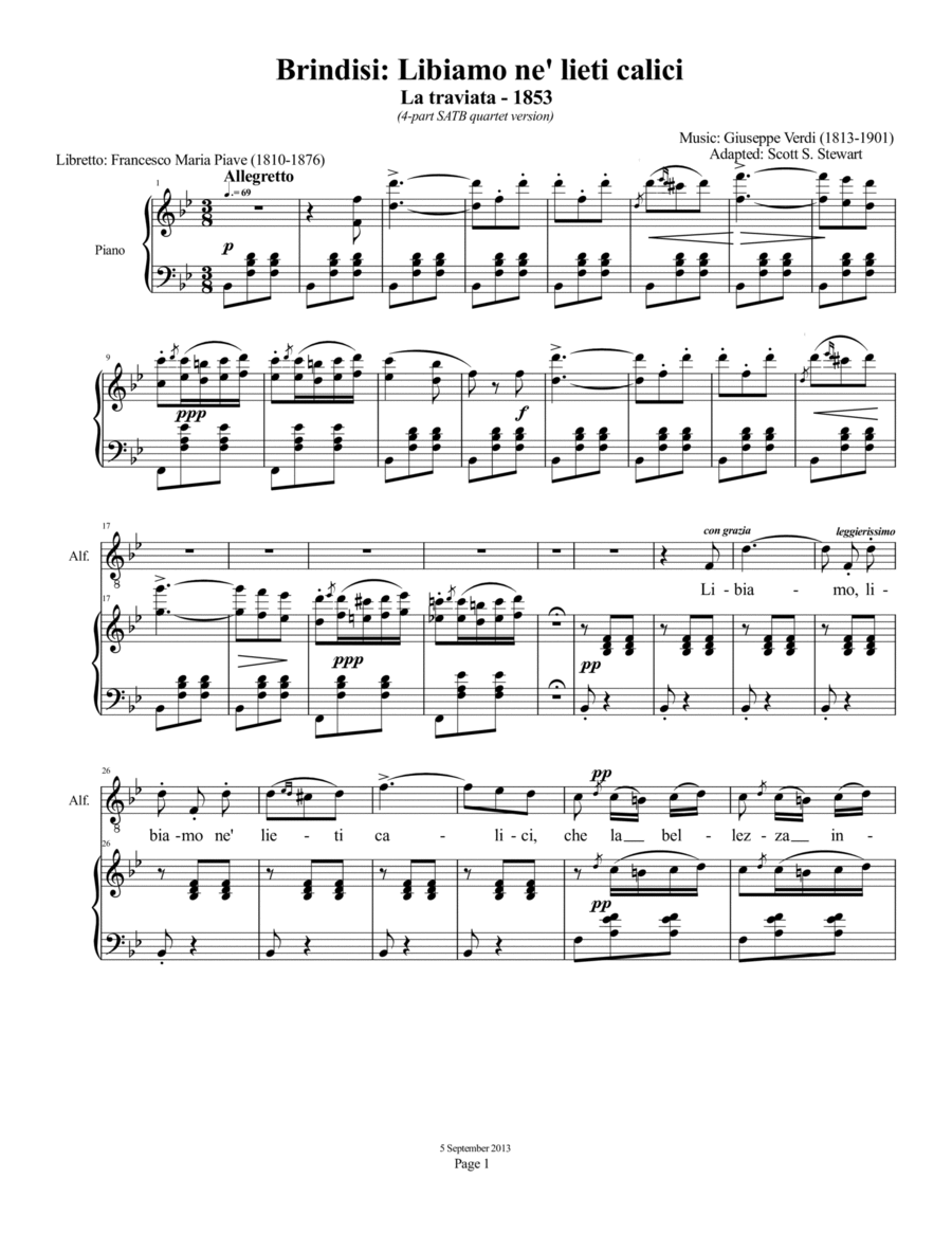 Libiamo ne' lieti calici, Brindisi (SATB) - La traviata 4-Part scores gallery preview page 1