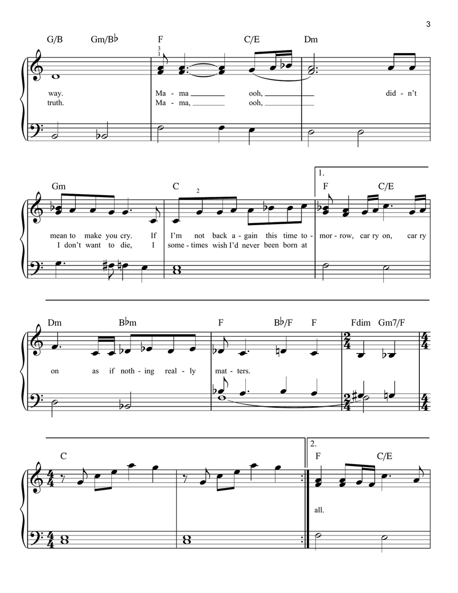 Bohemian Rhapsody Easy Piano scores gallery preview page 3