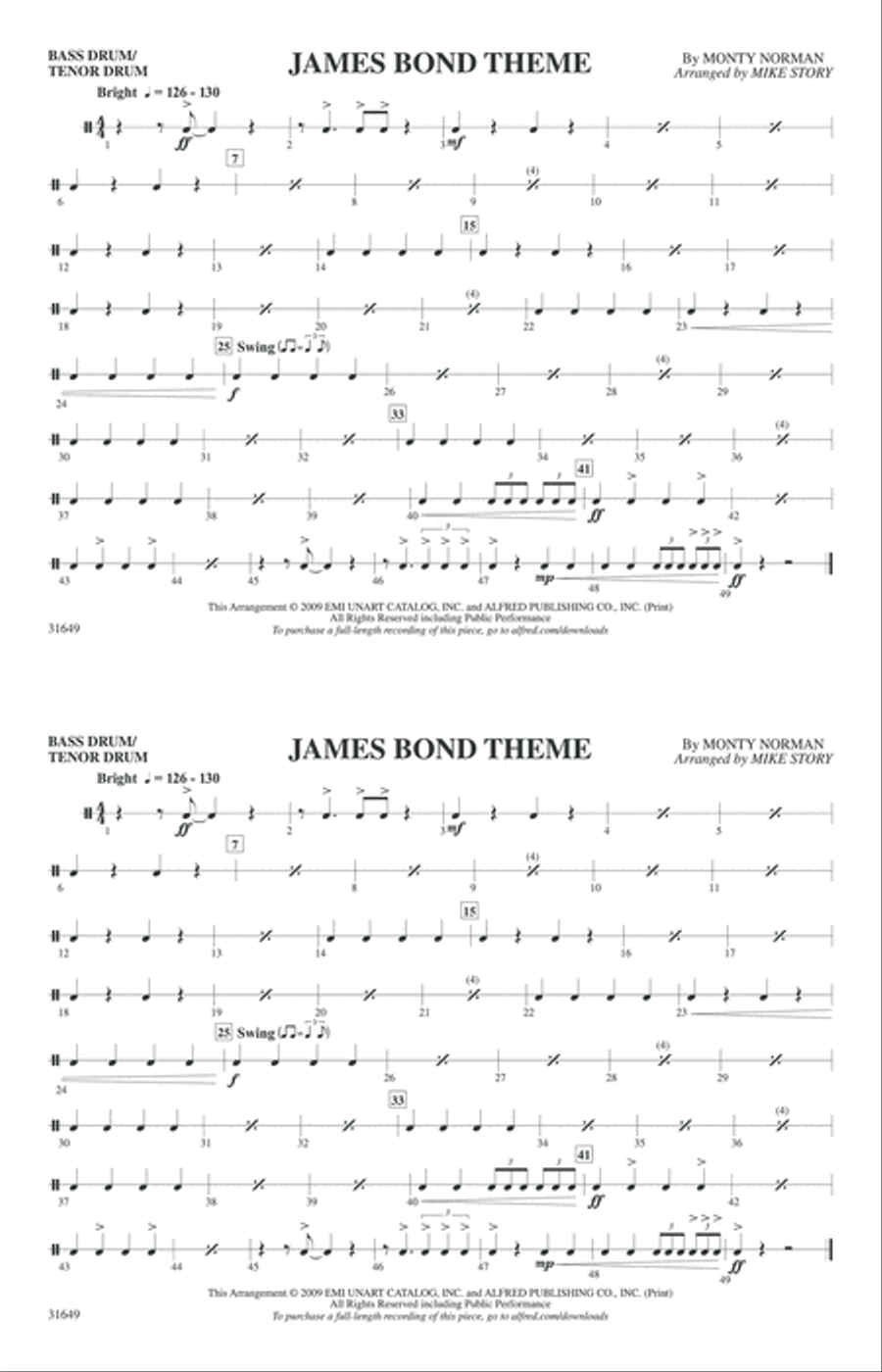 James Bond Theme: Bass Drum/Tenor Drum Marching Band scores gallery preview page 1