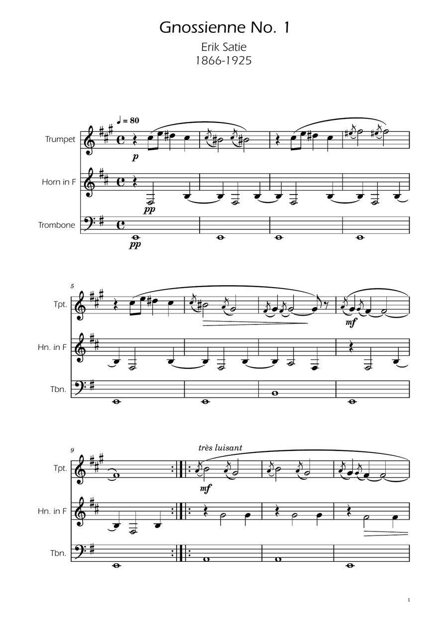 Erik Satie - Gnosienne no1 - Brass Trio Brass Trio scores gallery preview page 1